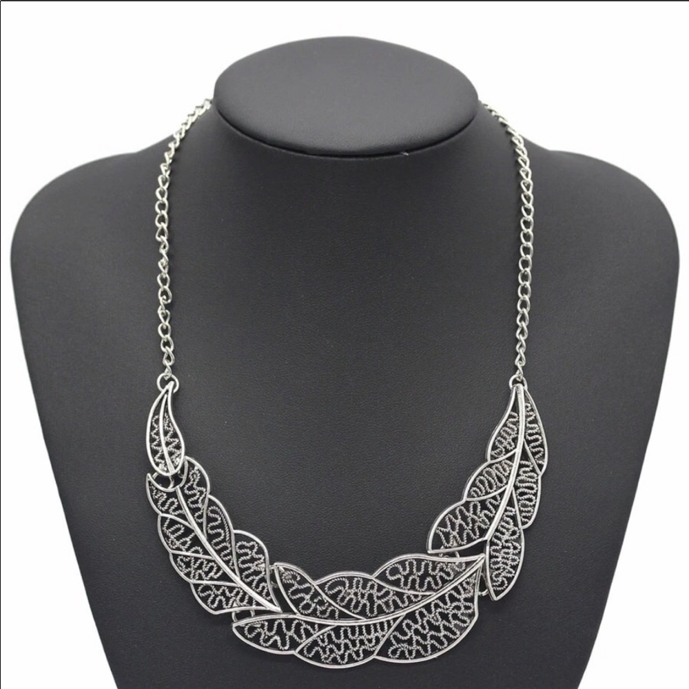 Silver Leaf Pendant Statement Necklace